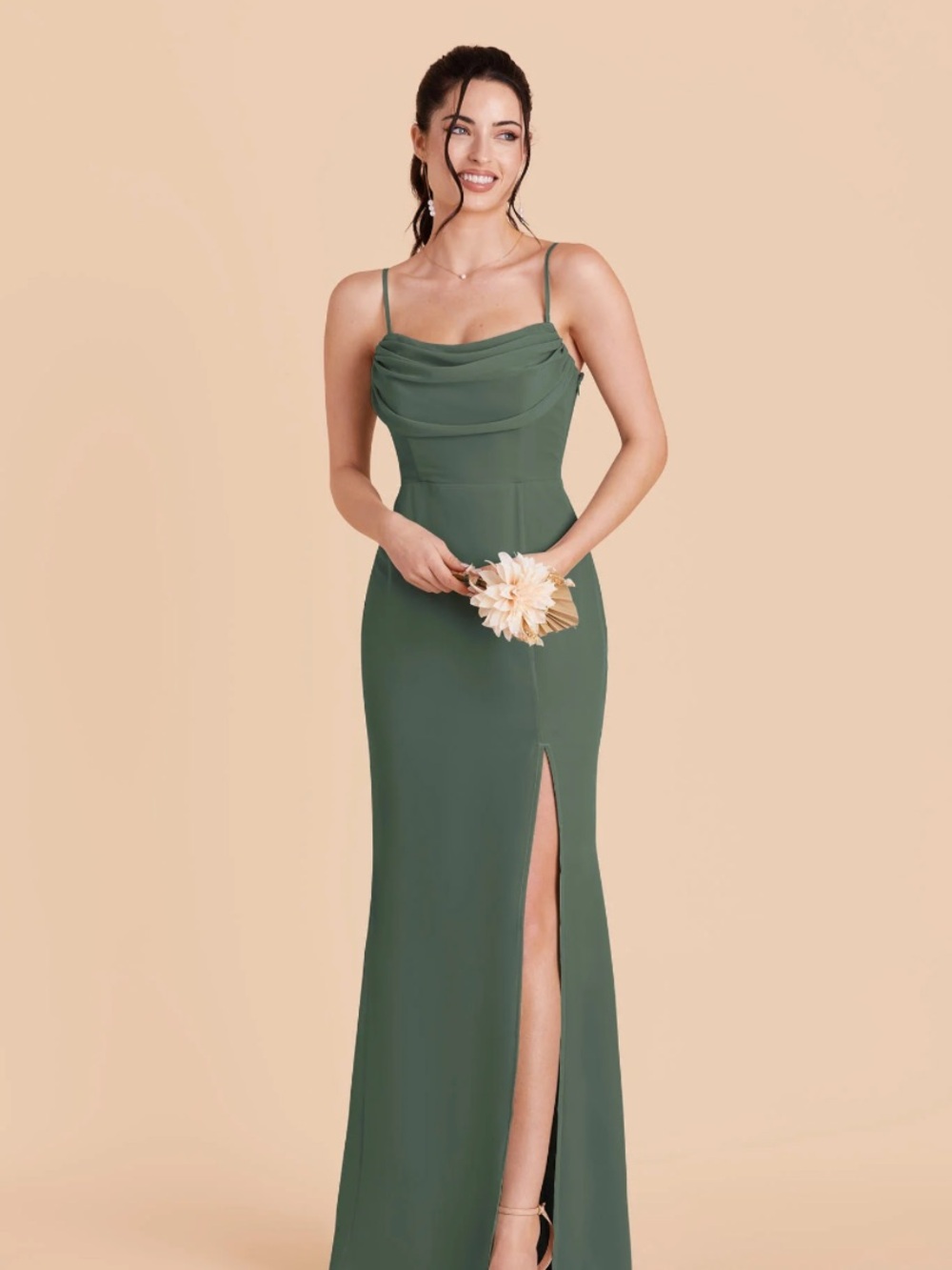 Birdy Grey Olive Green Mia Dress Cowl Neck Maxi Dress with Thigh Slit in Chiffon